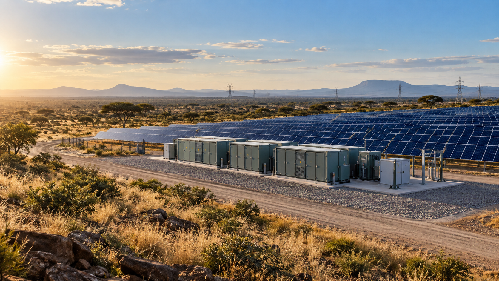 Illustrative hybrid energy system with solar panels and battery storage in an East African landscape.